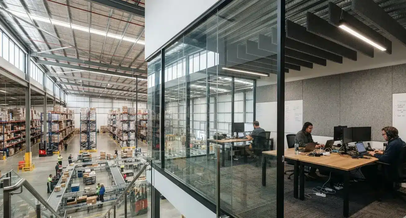 Office workers at desks inside glass-walled room overlooking large warehouse with shelves and conveyors