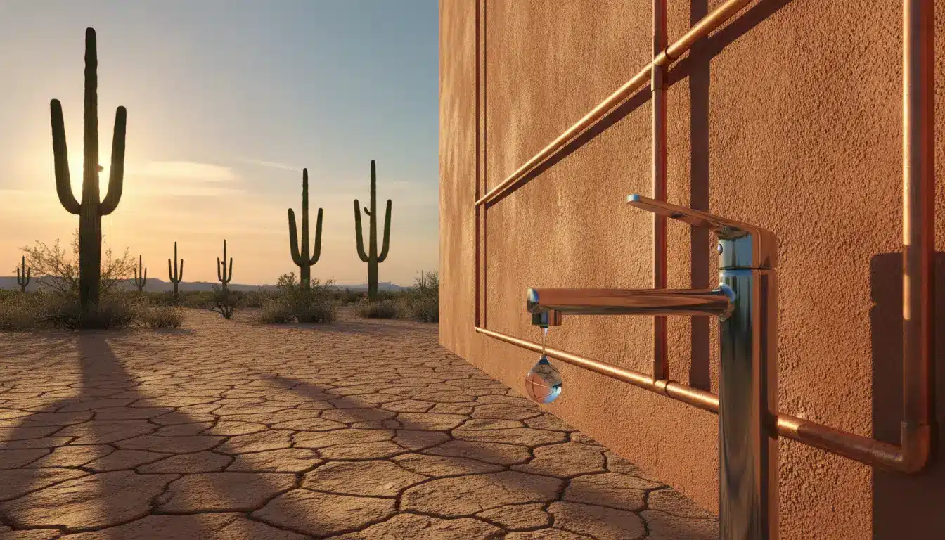 Desert landscape with cacti and water faucet on terracotta wall in warm sunset light