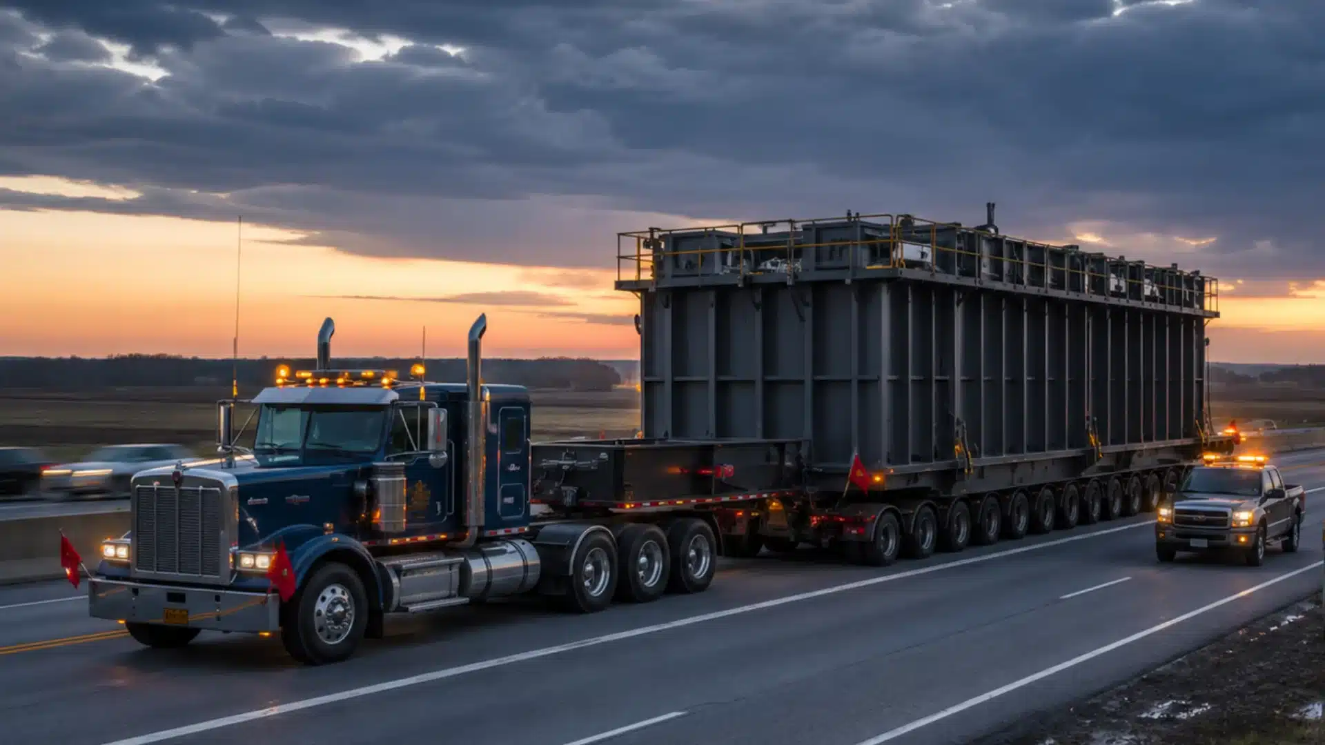 Wide load truck carrying oversized industrial cargo on a highway with warning flags, and amber safety lights.