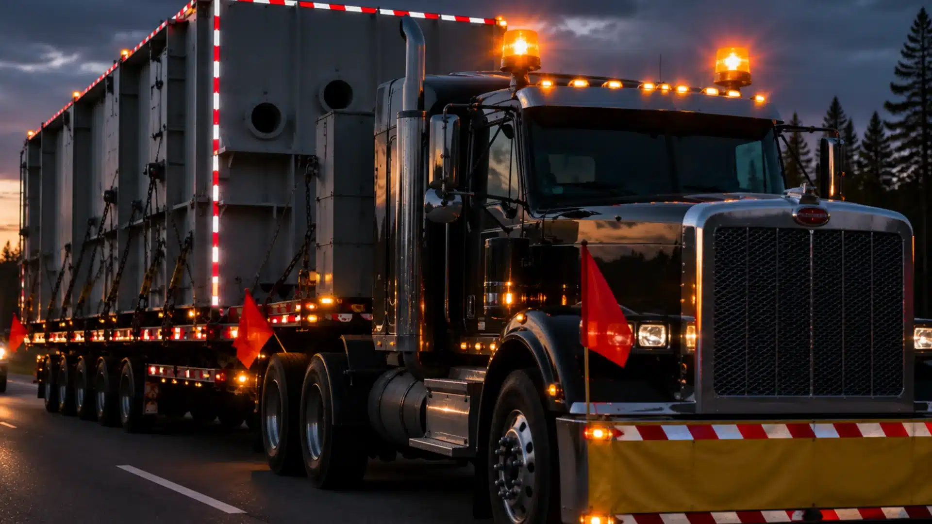 Wide load truck equipped with amber beacons, reflective strips, safety flags and tie-down chains