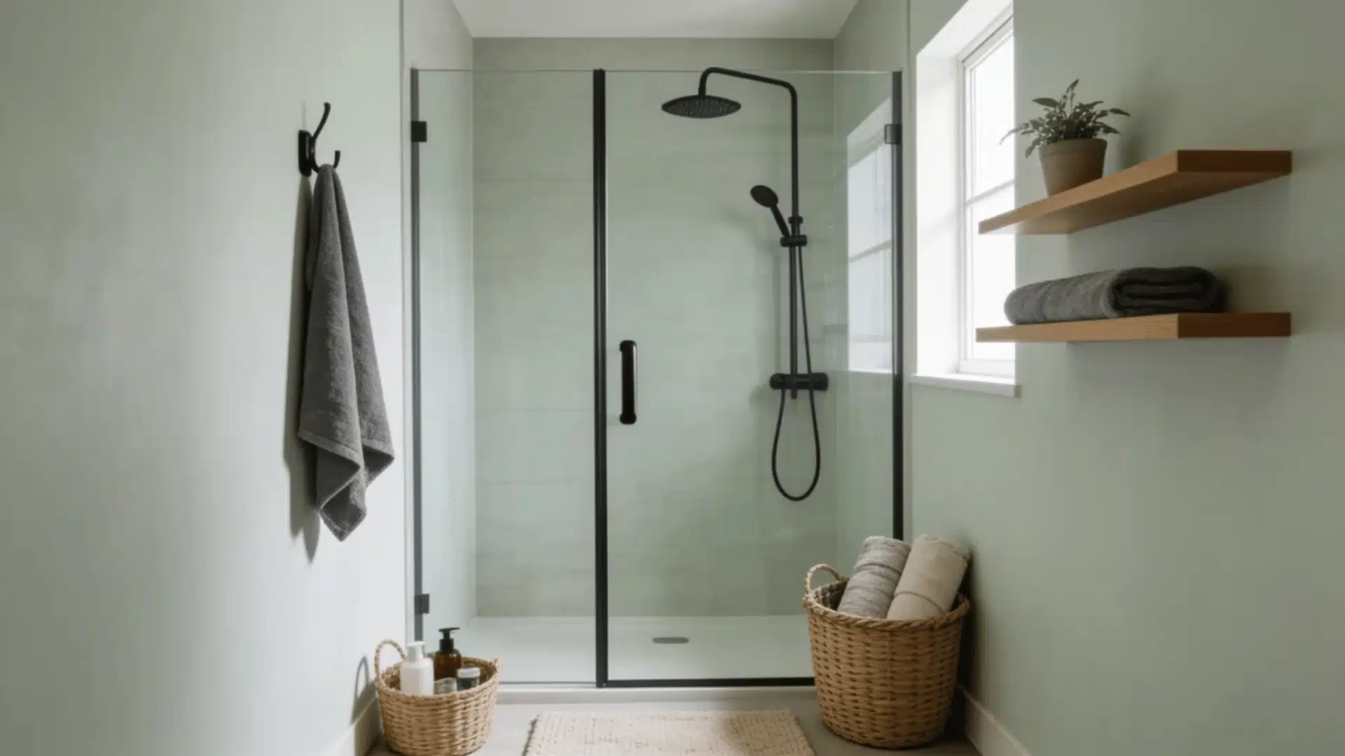 Small bathroom with pale gray-green walls, glass shower, floating shelf, and plant