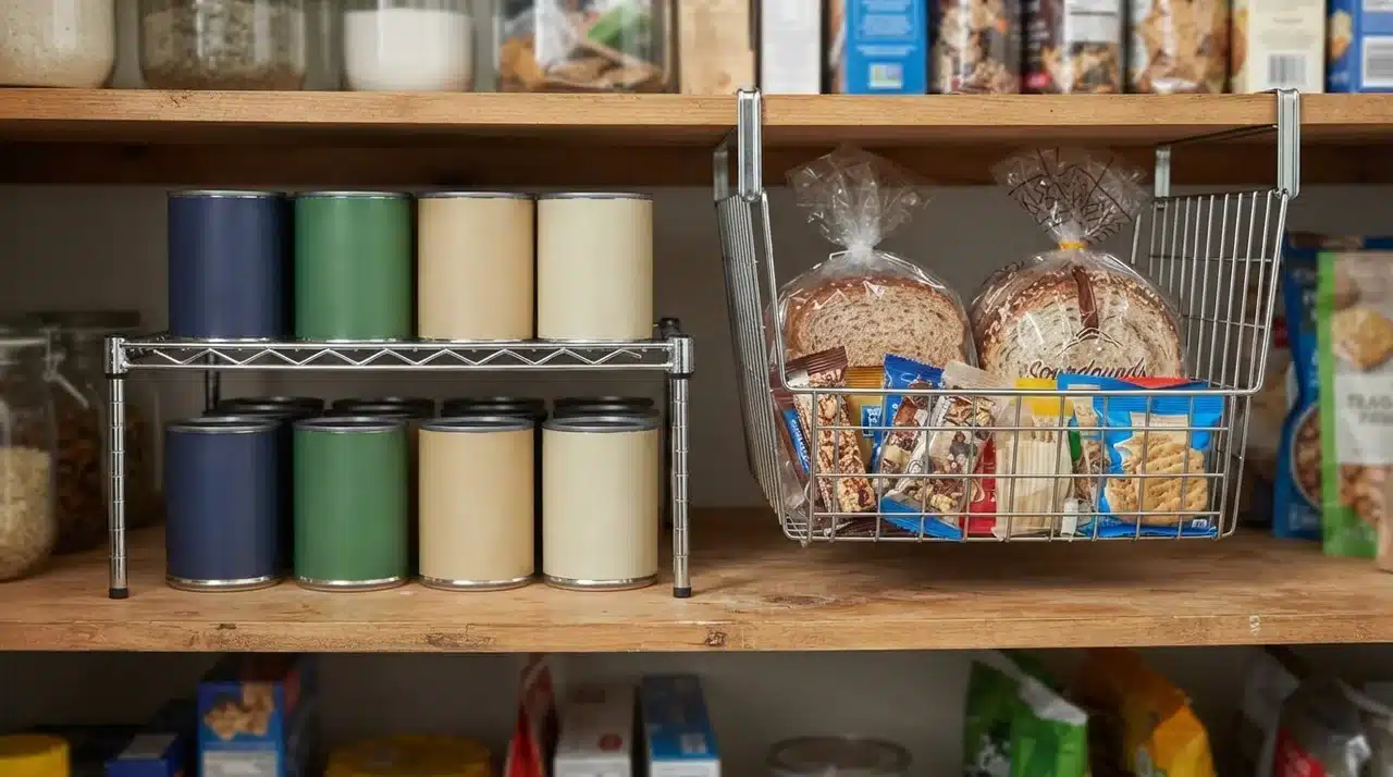 Wire shelf riser with stacked cans and under-shelf basket holding bread and snack bags on one pantry shelf