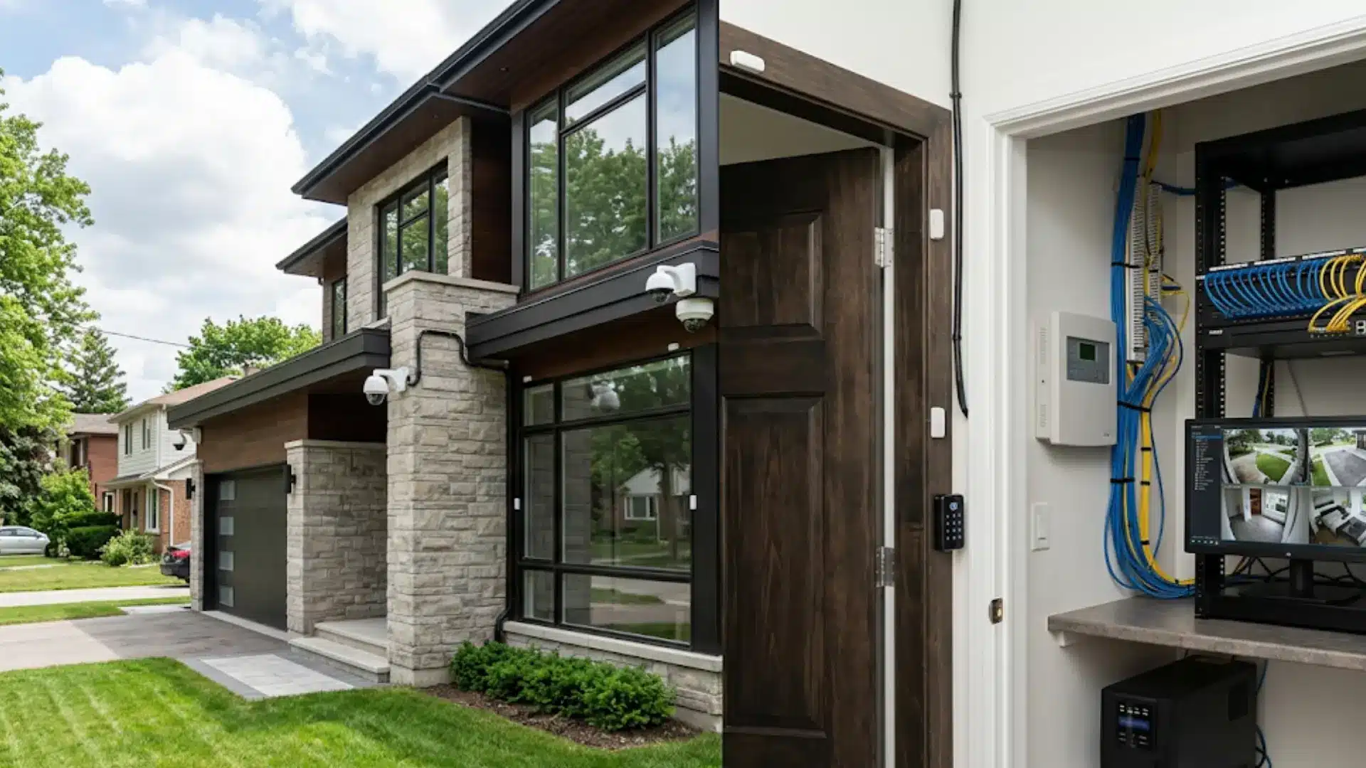 Modern home with wired security cameras, sensors, control panel, NVR, network cables, and backup power equipment