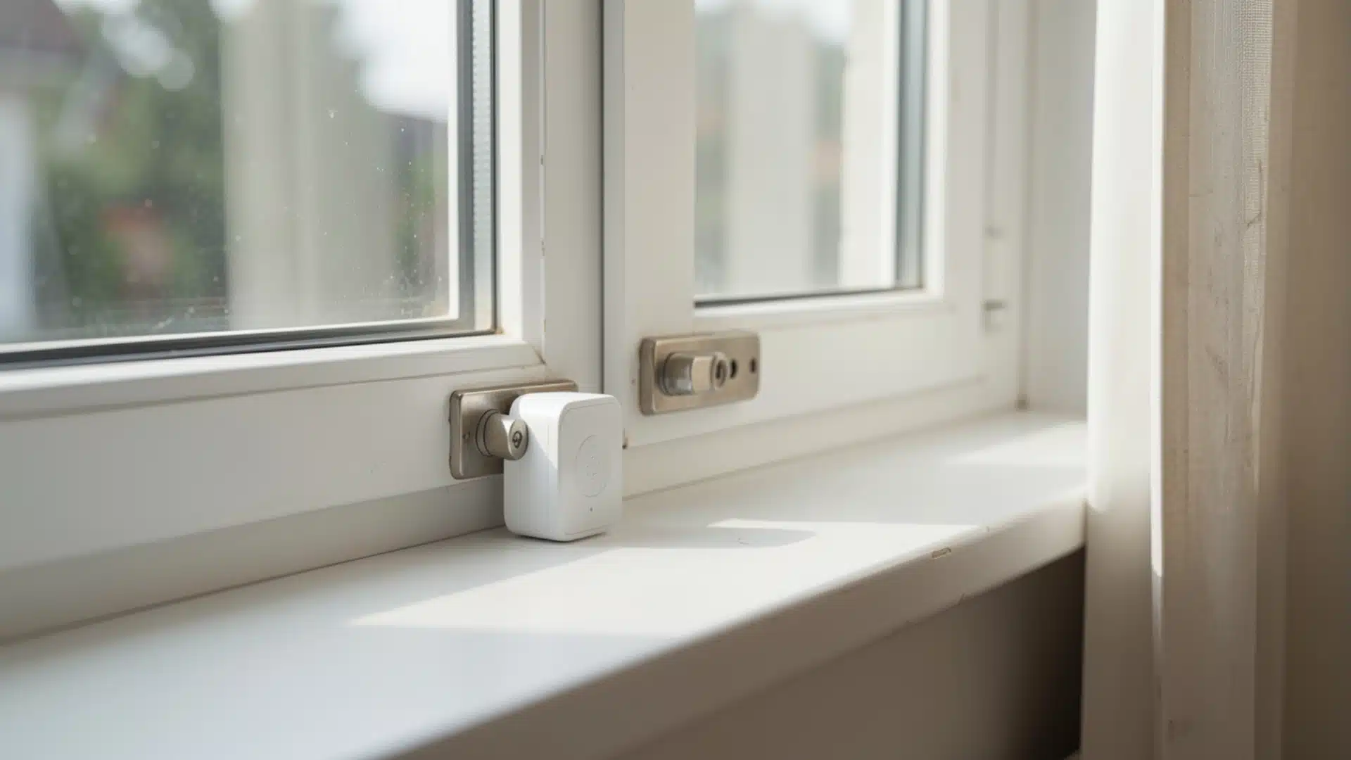 A small, white cube-shaped smart home security sensor attached to the white frame of a double-pane window resting on the windowsill