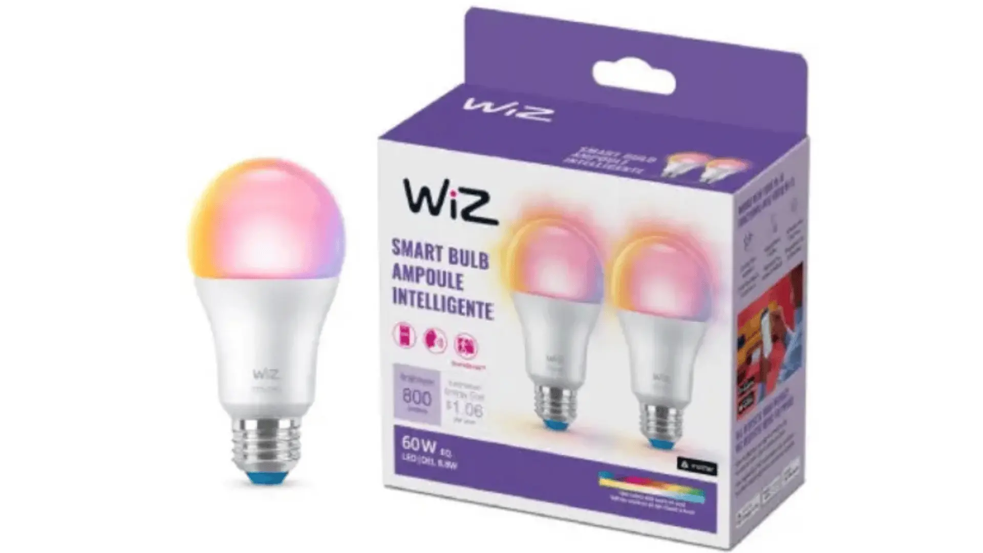WiZ color-changing smart light bulb beside its two-bulb retail box.
