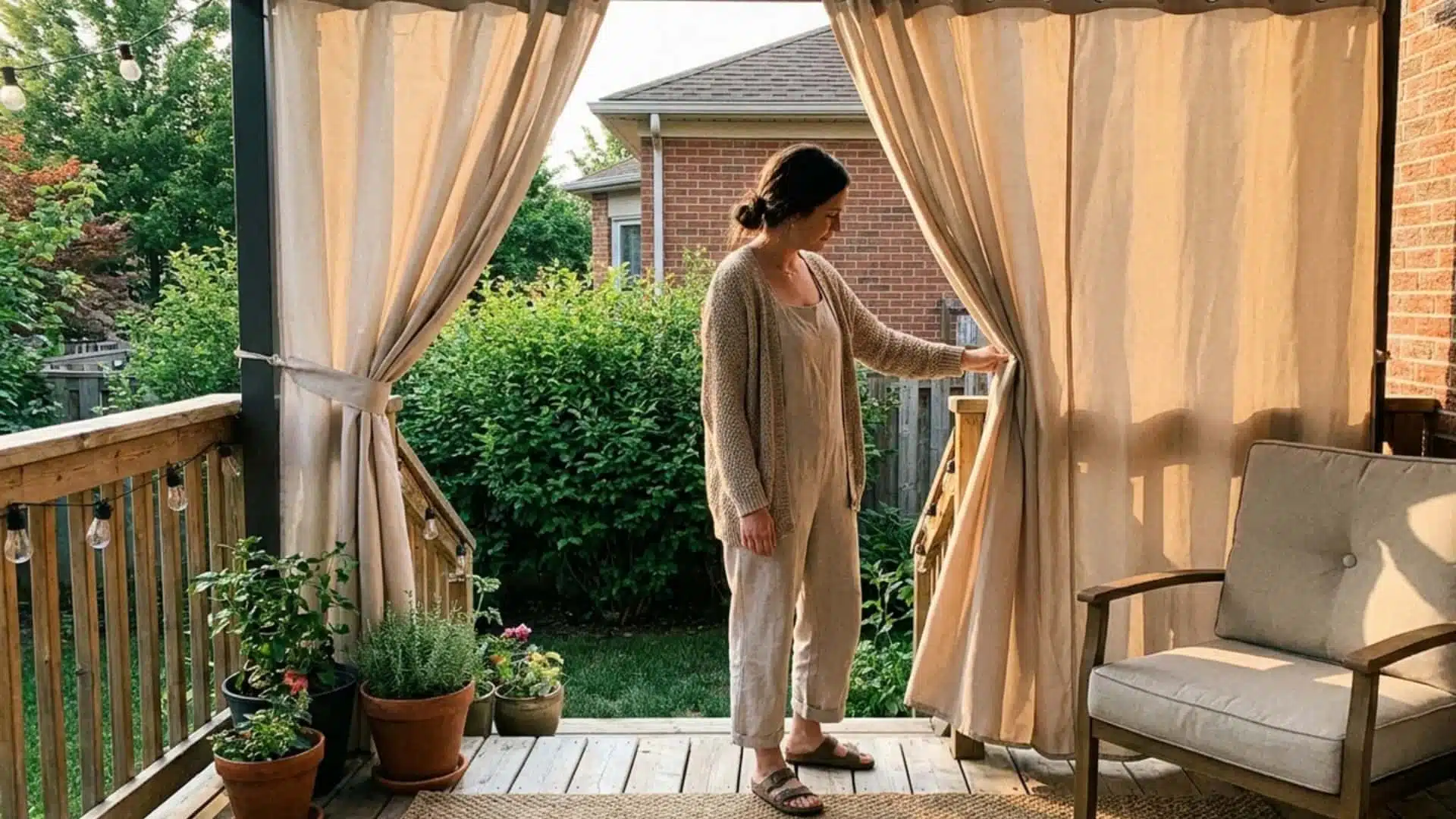 Woman adjusting outdoor curtains on a cozy deck with soft privacy and warm decor