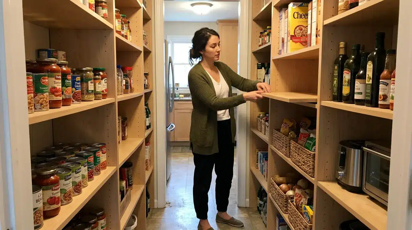 Woman adjusting shelf heights around jars, boxes, and baskets in a small walk-in pantry