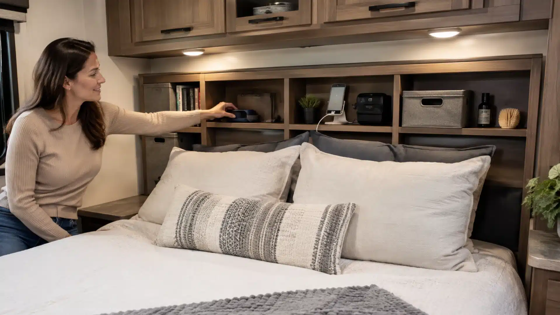 Woman reaches for essentials stored in a built-in headboard inside a cozy RV bedroom