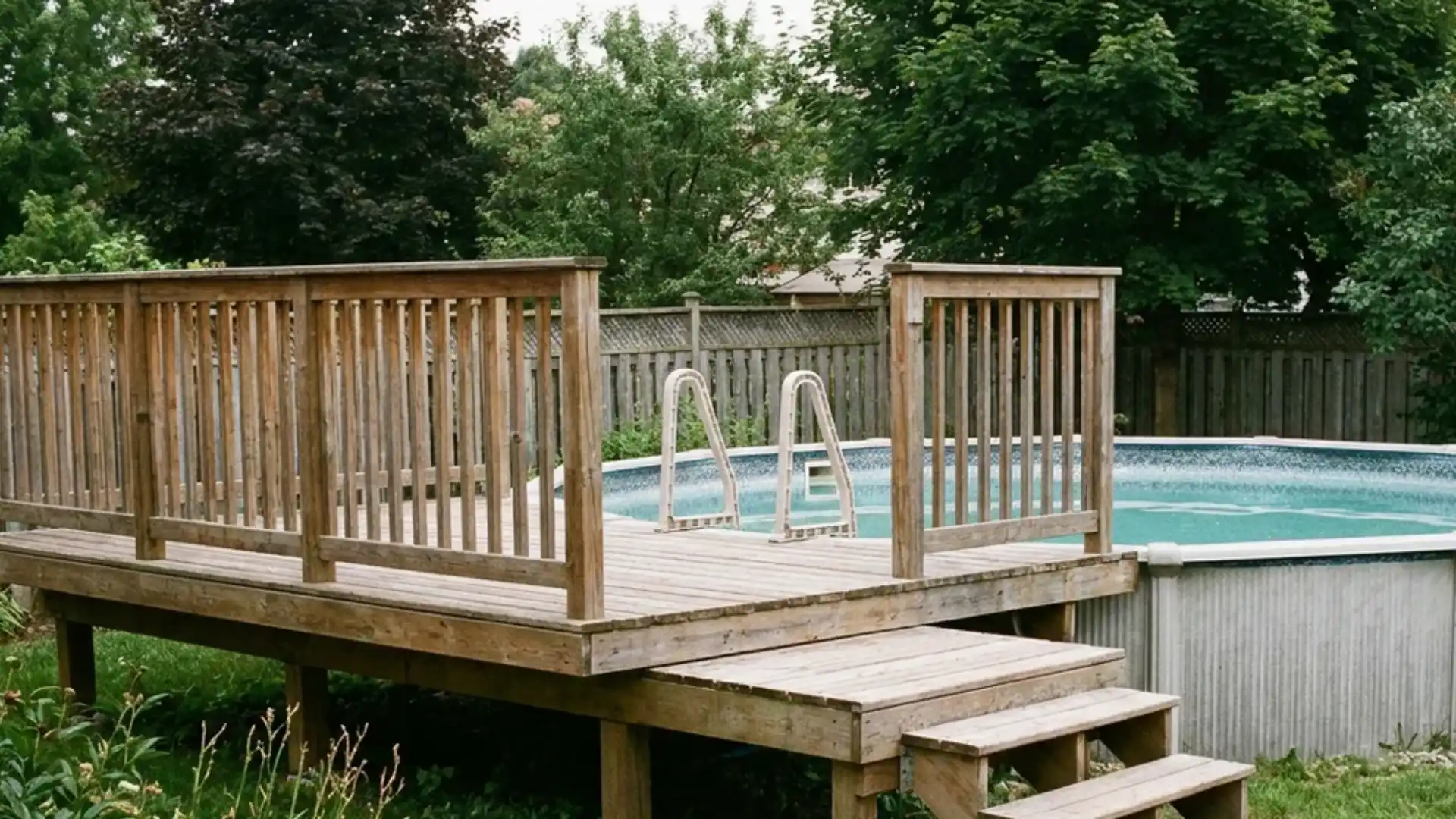 Wood deck landing built level with an above-ground pool wall
