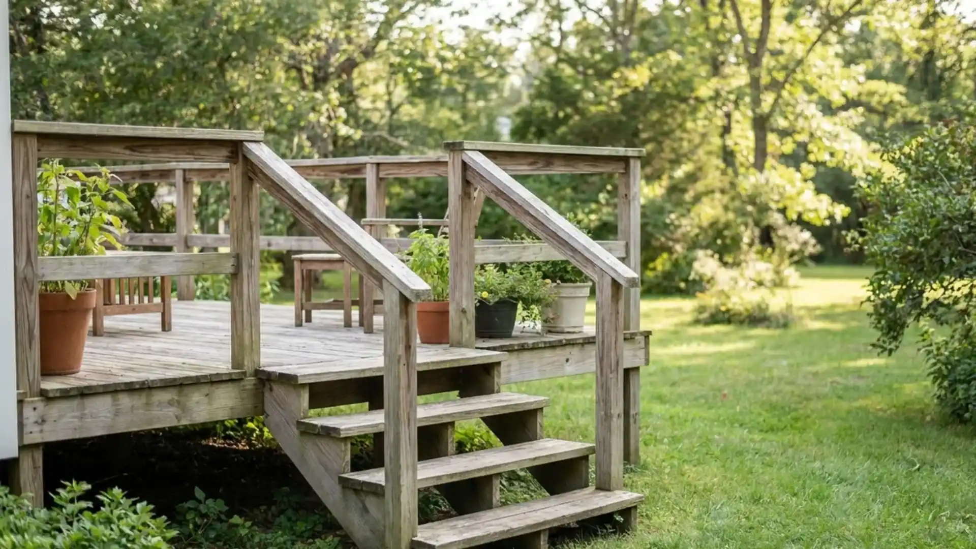 Wood deck stairs and railing leading down into a backyard