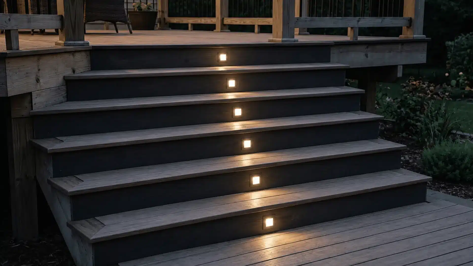 Wooden deck stairs with centered recessed lights on each step