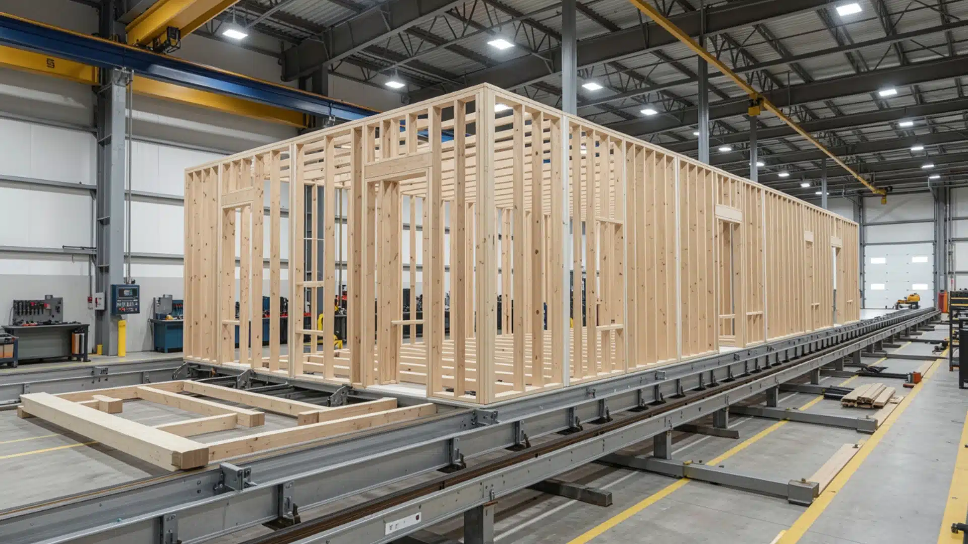 Wooden structural framing of a modular home inside an industrial manufacturing facility.