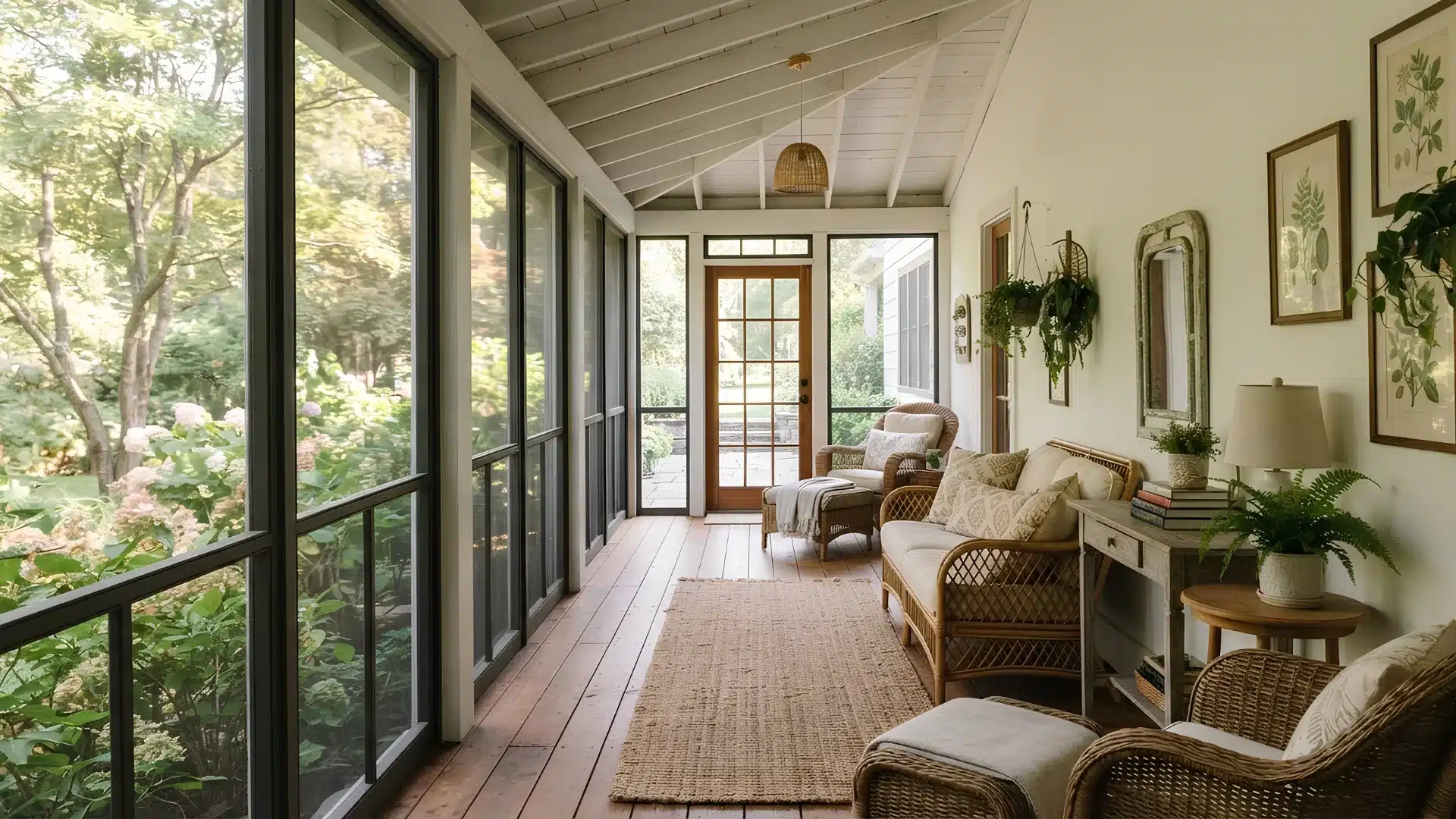 narrow porch sunroom with wicker seating arranged along one wall