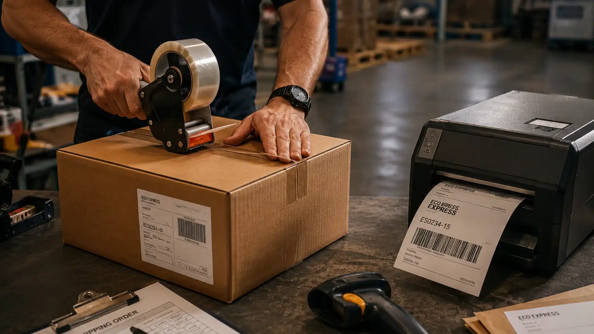 Worker packaging and labeling a box as part of first mile logistics tasks