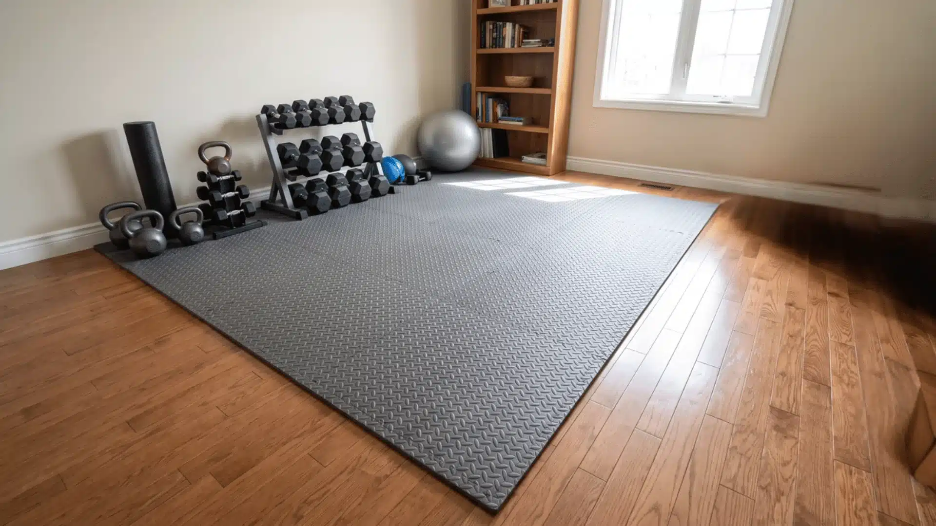 Workout mat zone marked in a small multi-use room