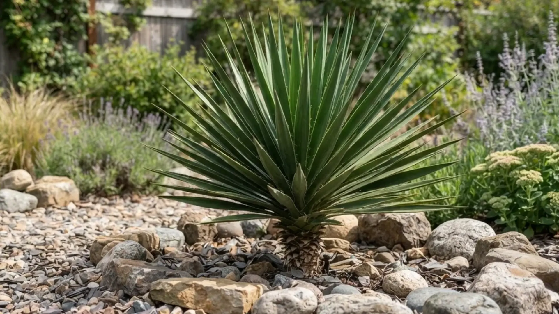 Yucca plant with spiky leaves set among loose gravel and rocks in a backyard garden bed