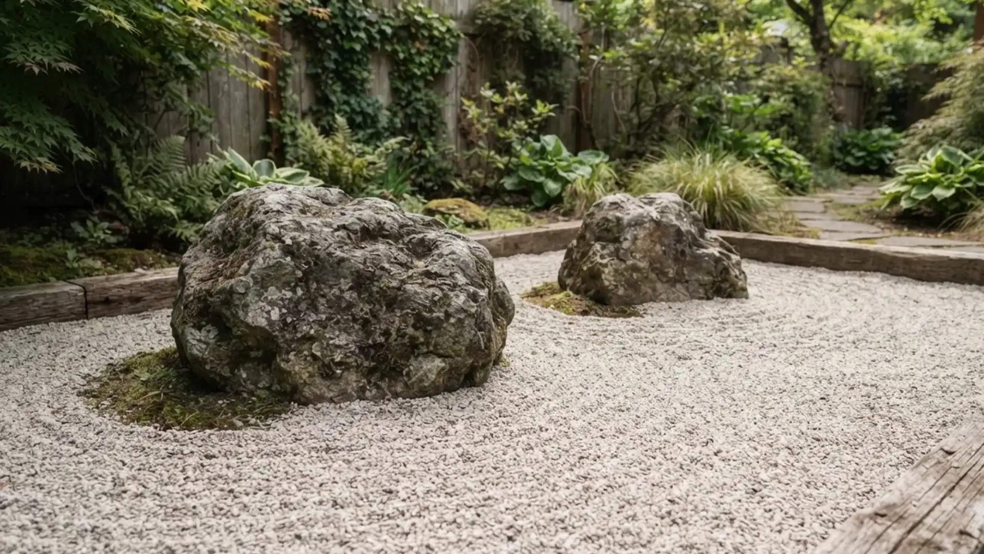 Zen style gravel garden bed with two large weathered boulders and raked pea gravel lines