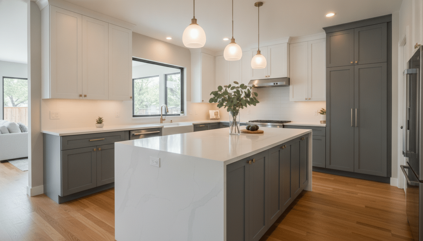 Modern kitchen with gray cabinets, white countertops, pendant lighting, and wooden flooring