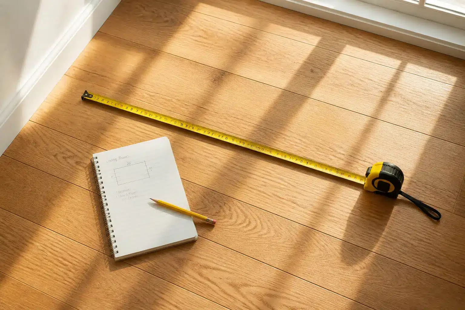 Measuring tape and notebook with pencil on wooden floor under natural sunlight