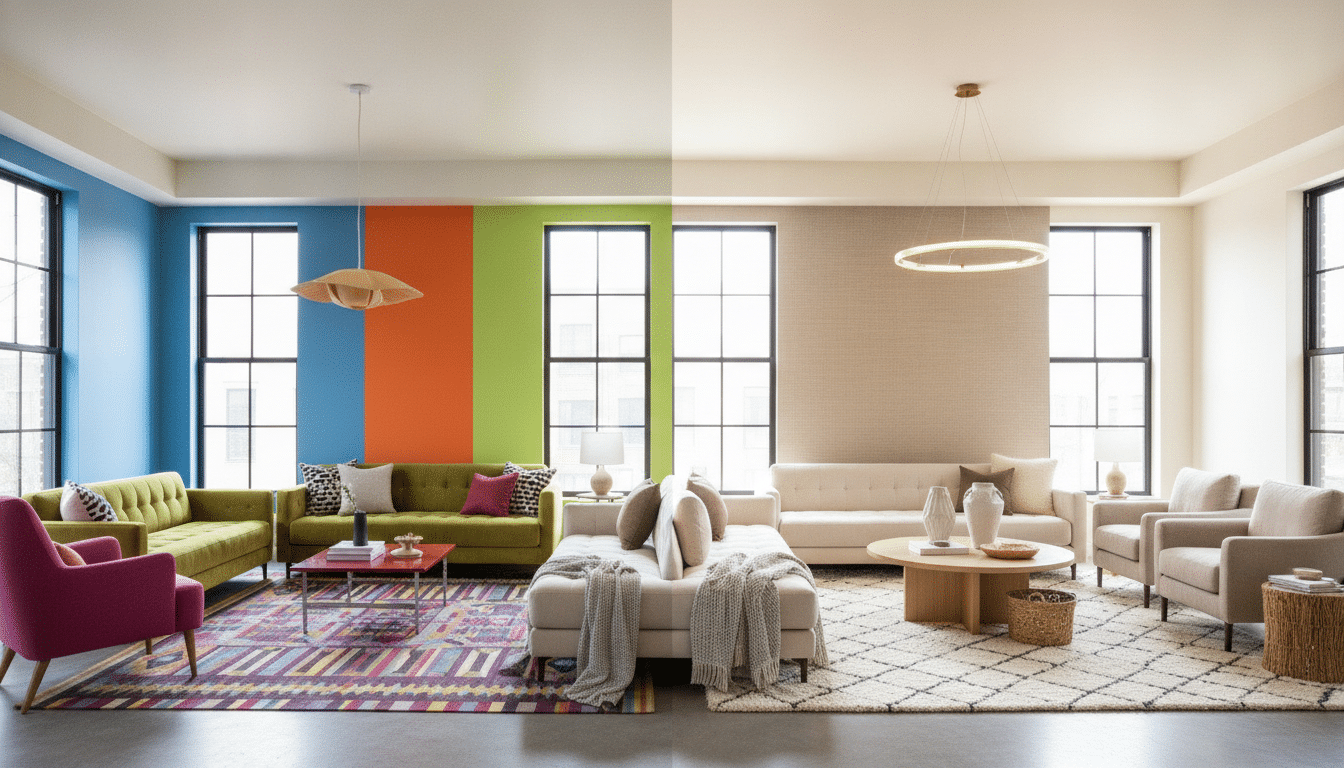 Colorful modern living room with green and beige sofas, geometric rugs, and large windows