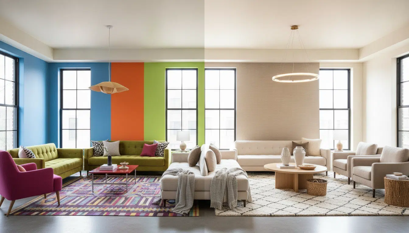 Colorful modern living room with green and beige sofas, geometric rugs, and large windows