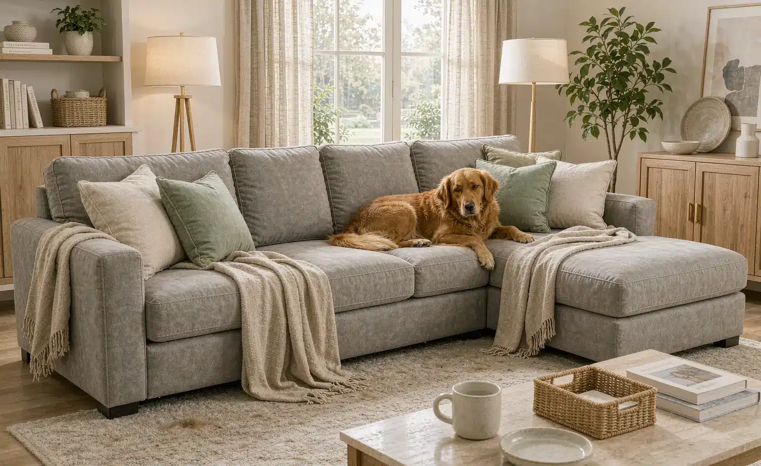 Dog lounging on gray sectional sofa in cozy living room with neutral decor and natural light