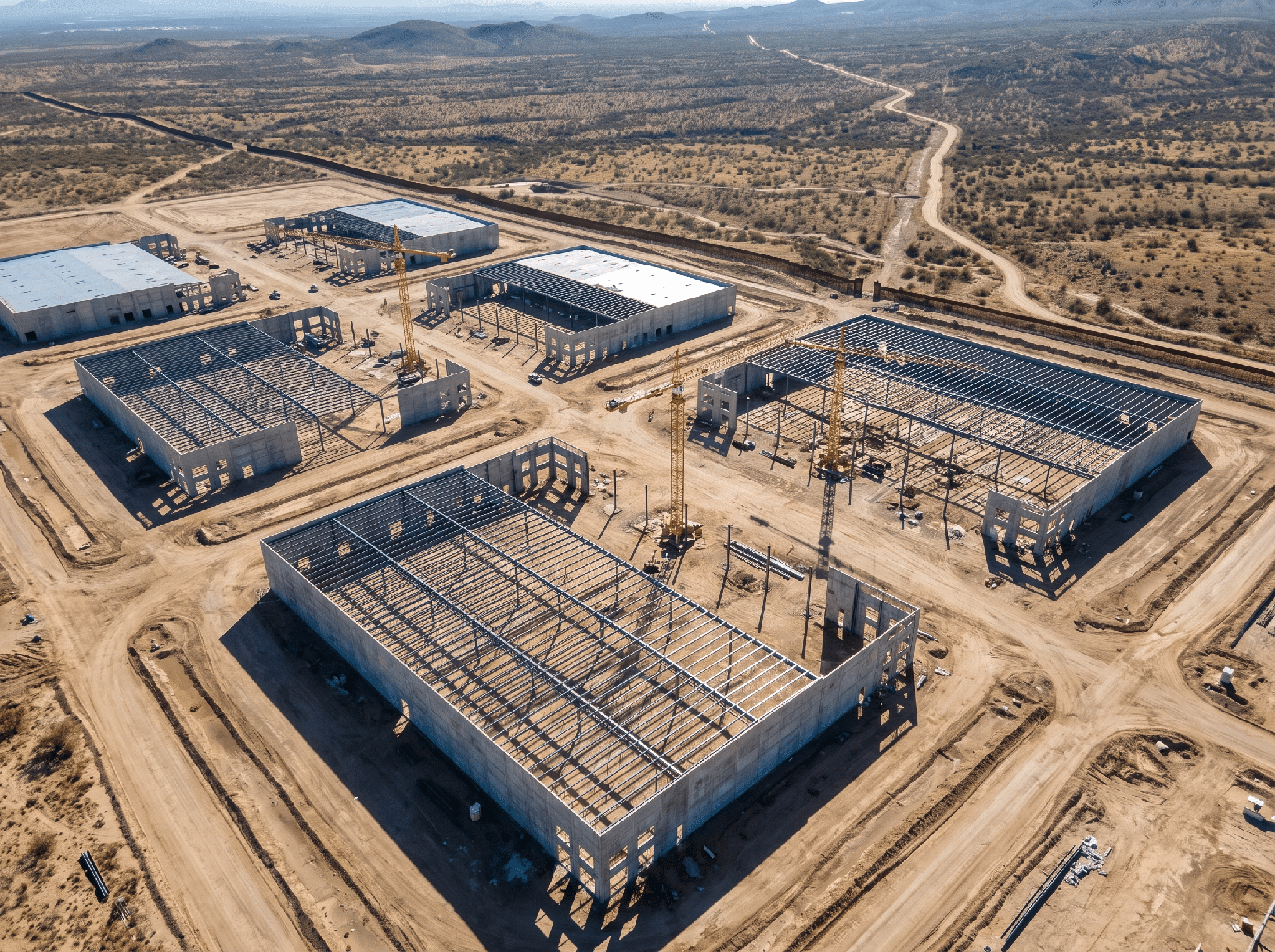 Aerial view of a sprawling industrial park under construction near the US-Mexico border