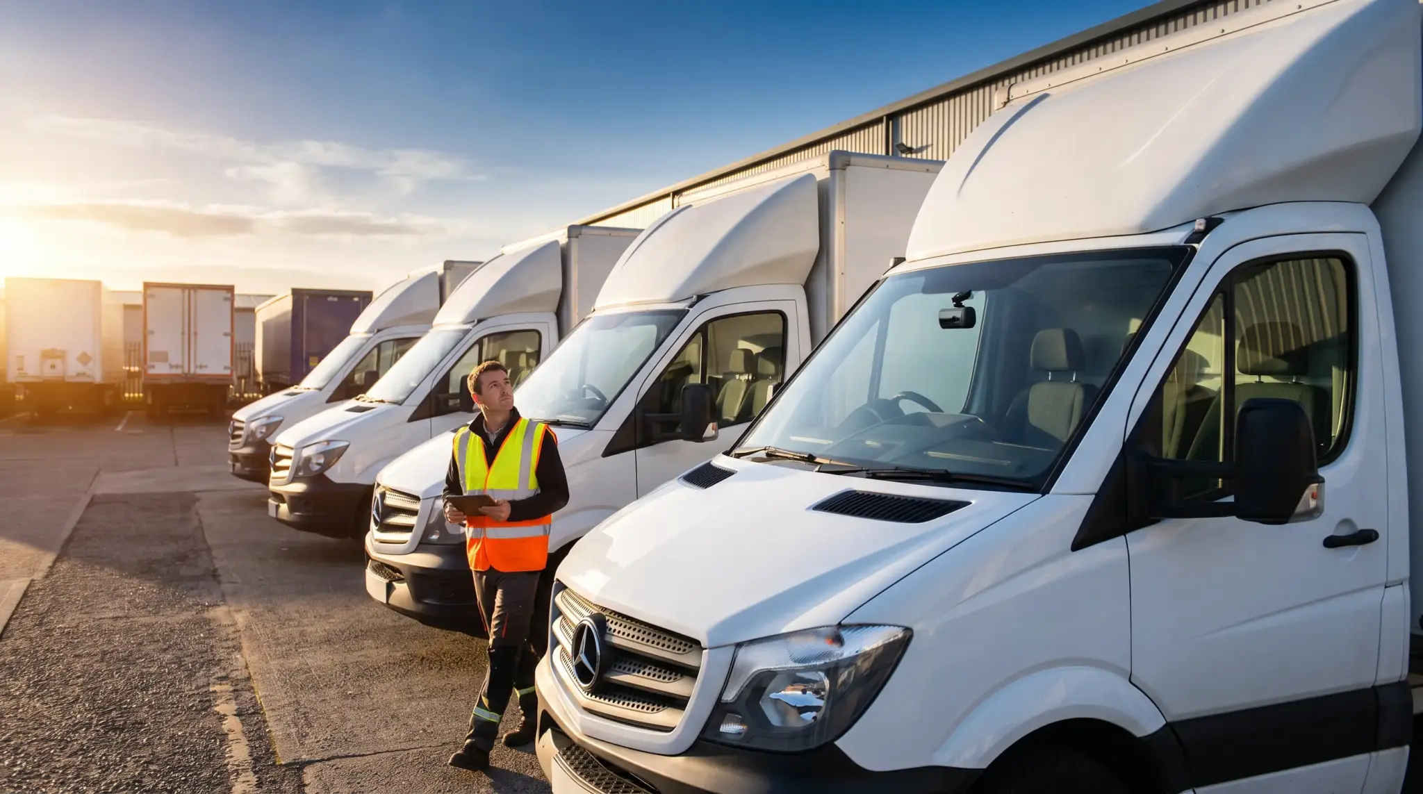 Fleet of white delivery vans parked outdoors with a worker in a high-visibility vest inspecting them