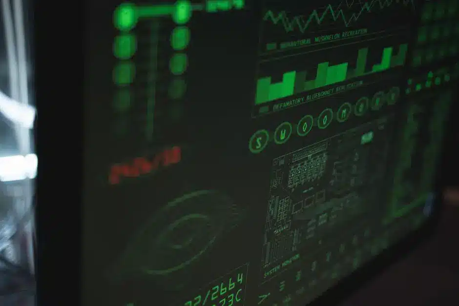 Close-up of green digital data and graphs displayed on computer screen in dim lighting