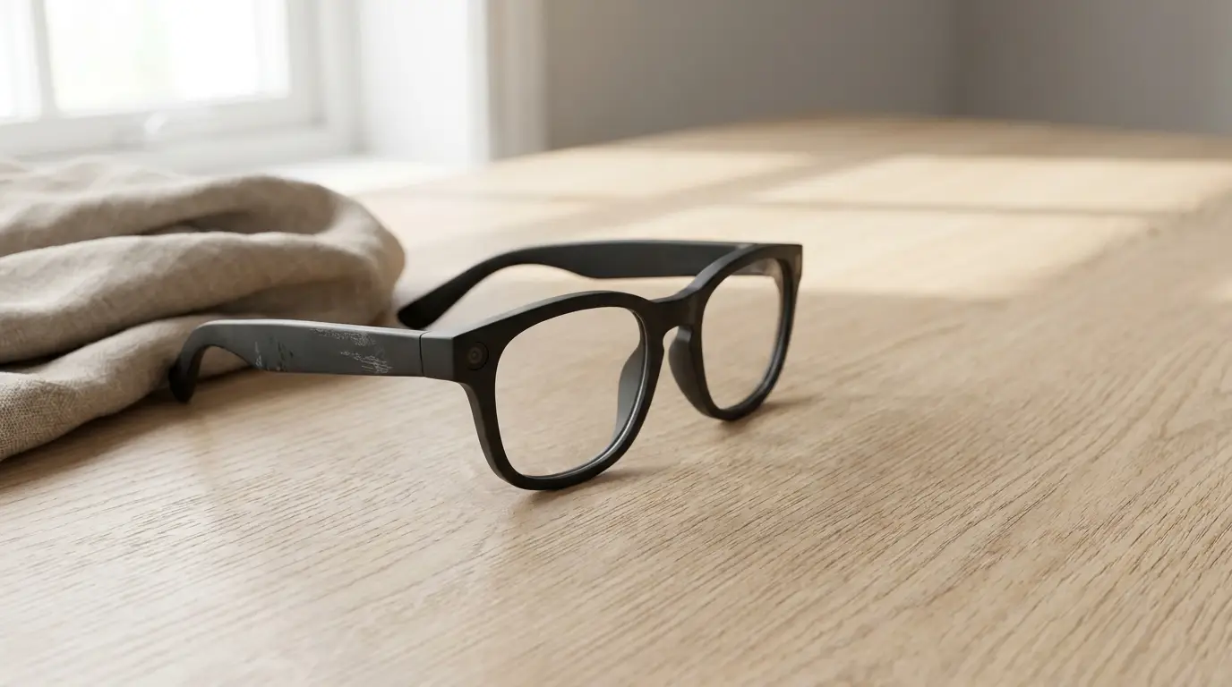 Black eyeglasses resting on wooden table near beige fabric under soft sunlight