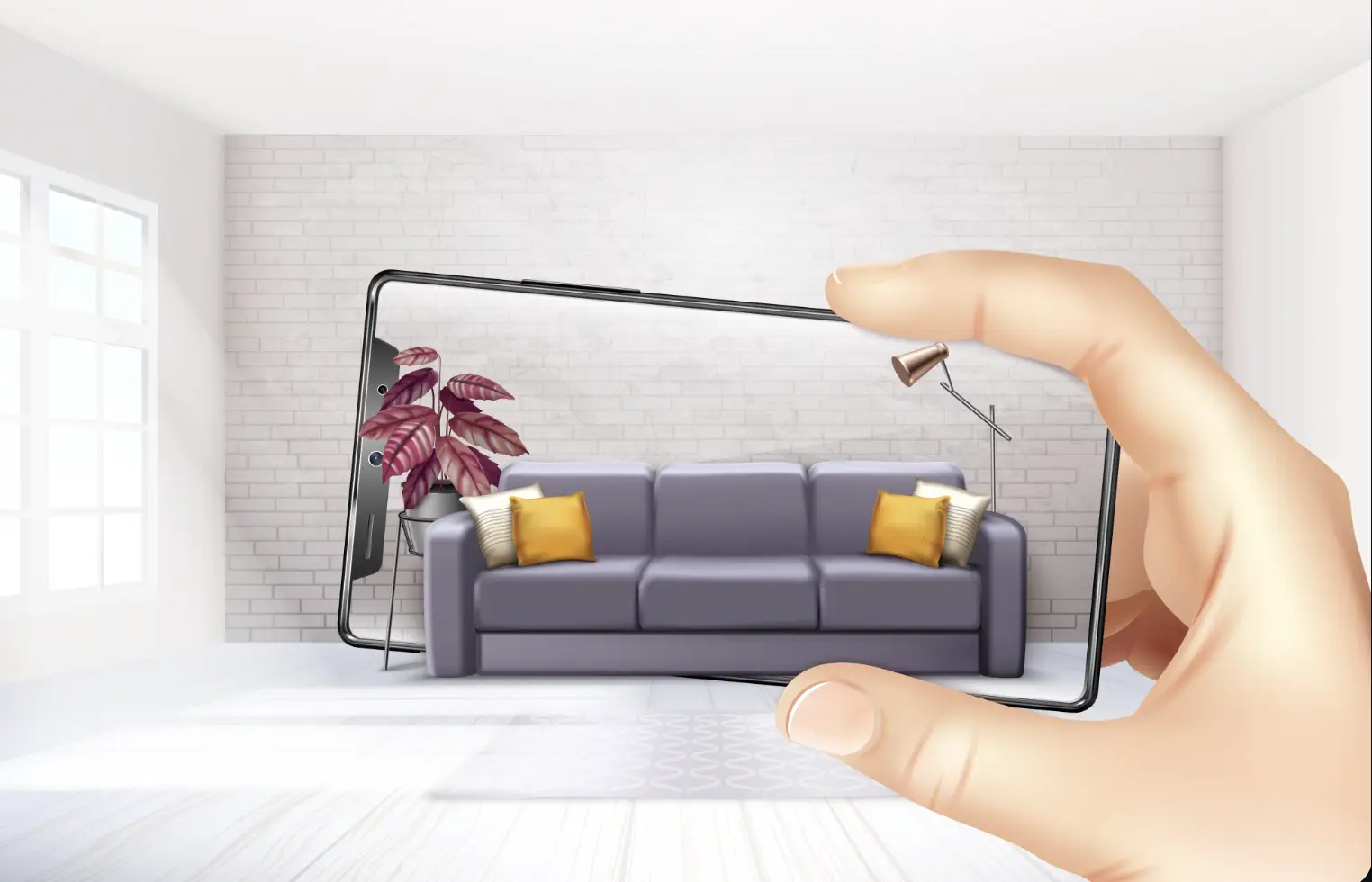 Hand holding smartphone capturing modern living room with gray sofa and decorative pillows