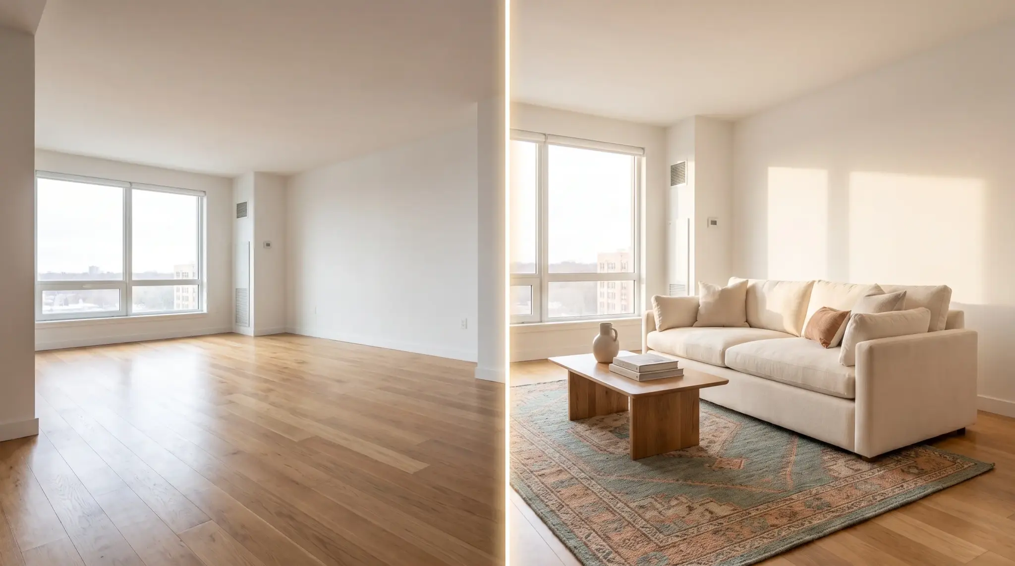 Empty room with wood flooring and large window next to furnished living room with beige sofa and wooden table