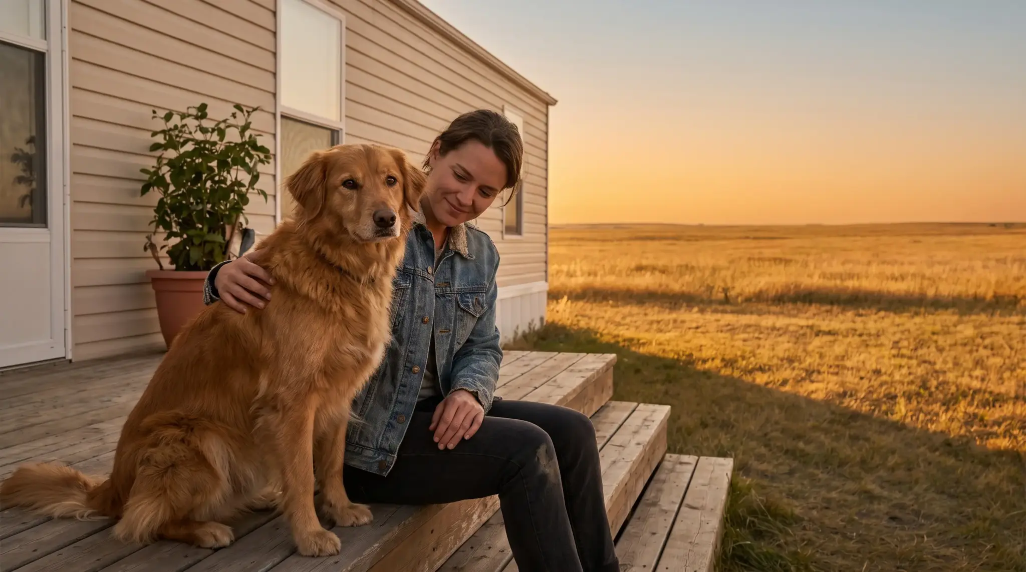 Person petting a golden retriever on wooden steps outside a house at sunset
