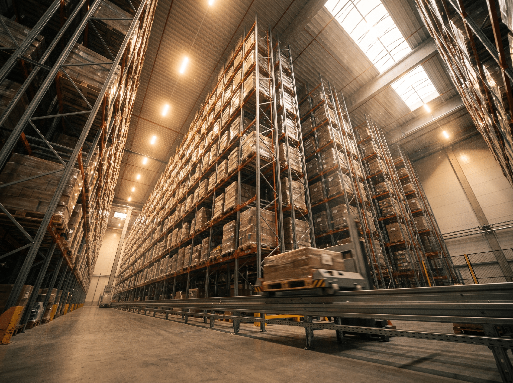 Automated storage and retrieval system with tall racking and a robotic shuttle moving pallets