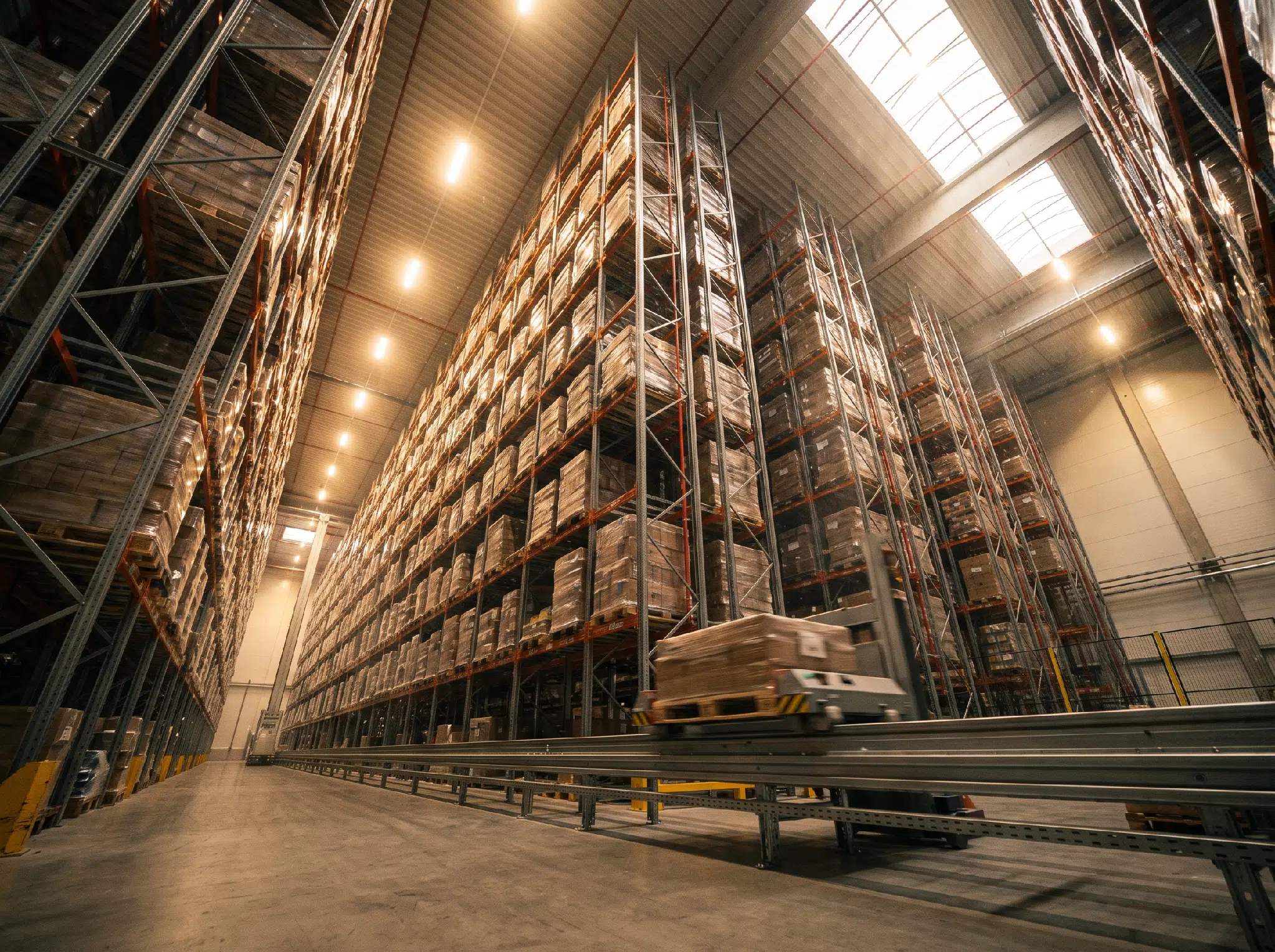 Automated storage and retrieval system with tall racking and a robotic shuttle moving pallets