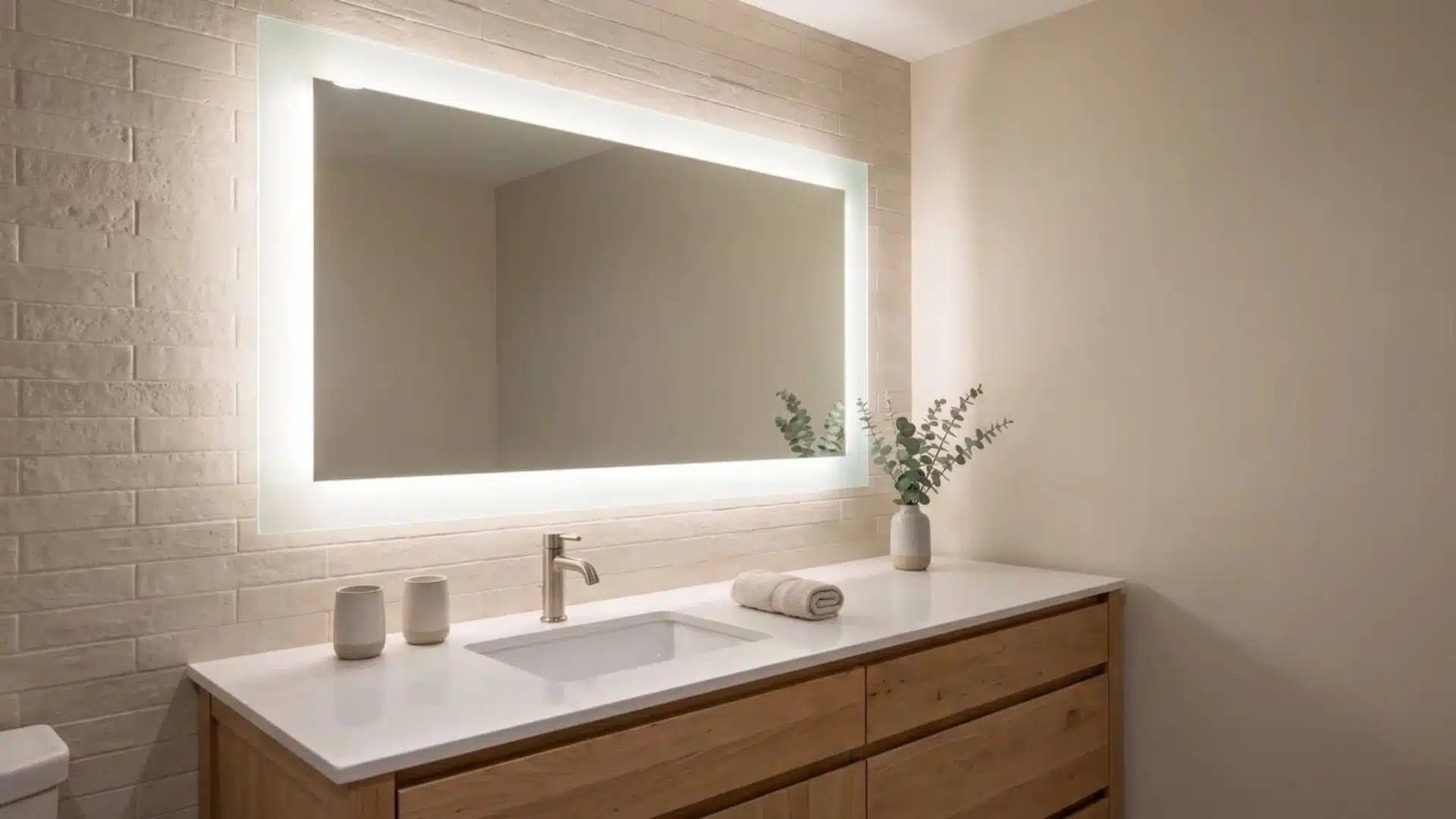 Elegant bathroom vanity featuring a backlit mirror for grooming and ambient light.