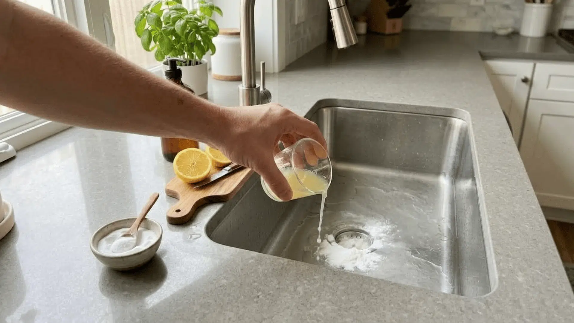 lemon juice being poured over baking soda in a kitchen sink drain to help reduce odors and light residue