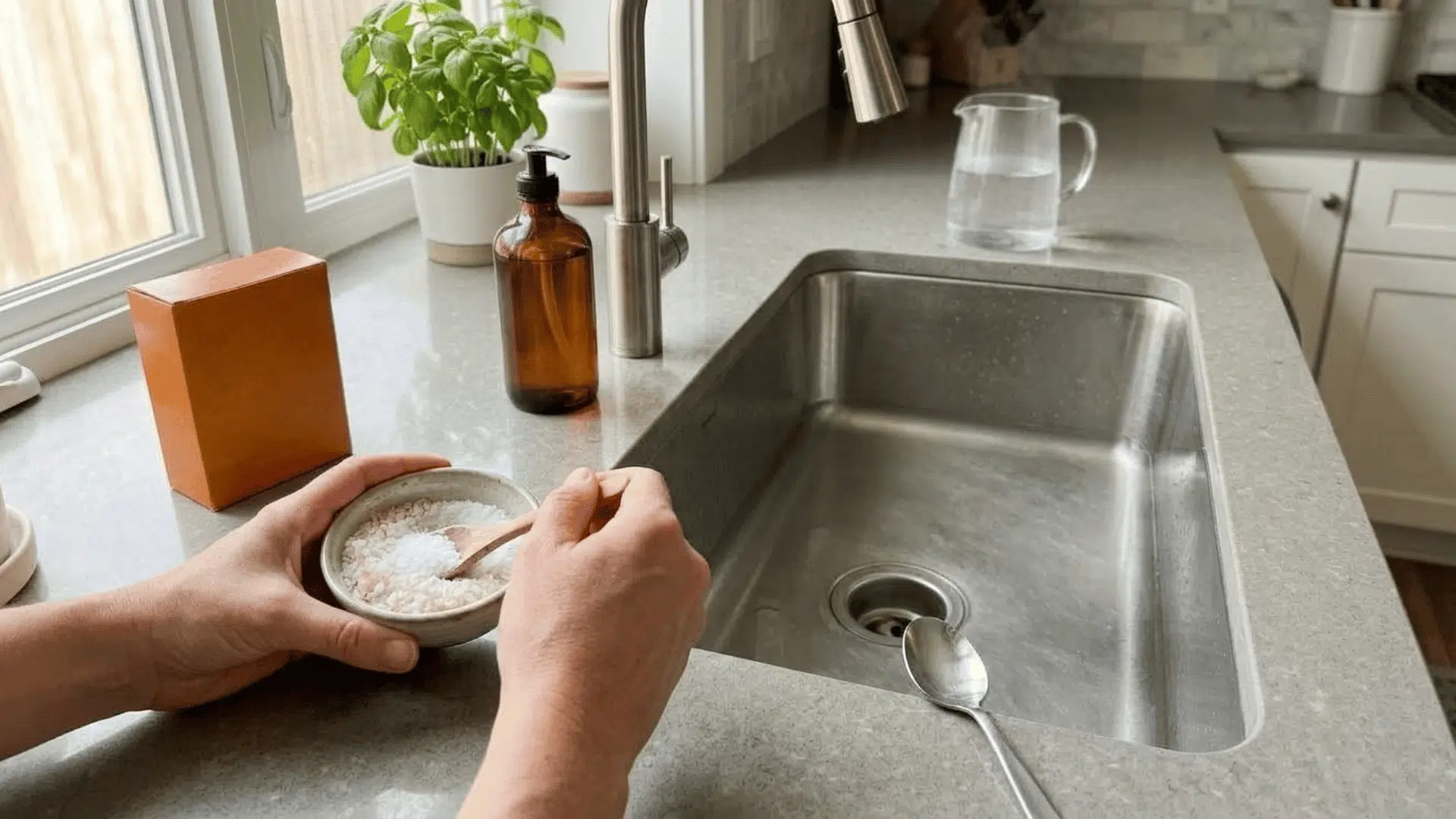 baking soda and salt mixed beside a kitchen sink before being poured into a slow-moving drain