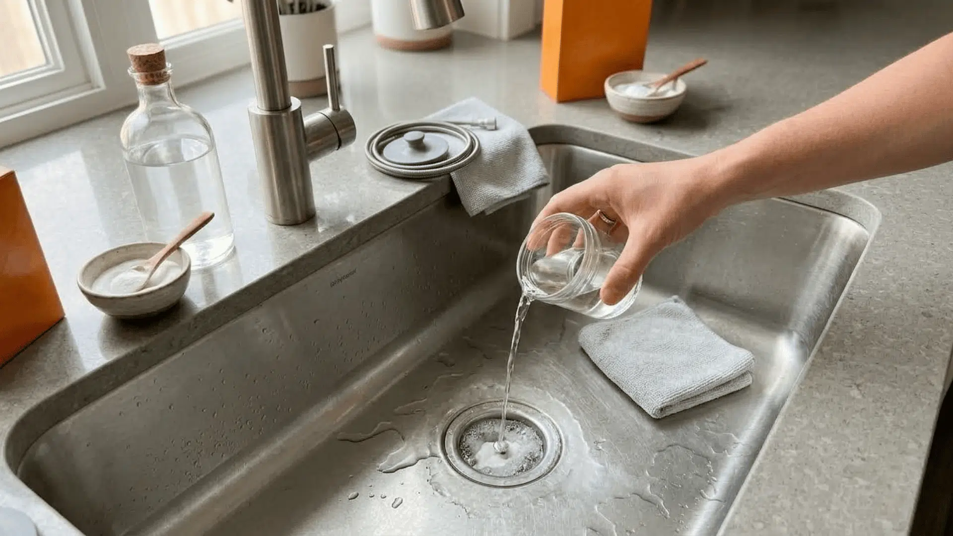 baking soda and vinegar fizzing inside a kitchen sink drain to help clean light buildup and residue