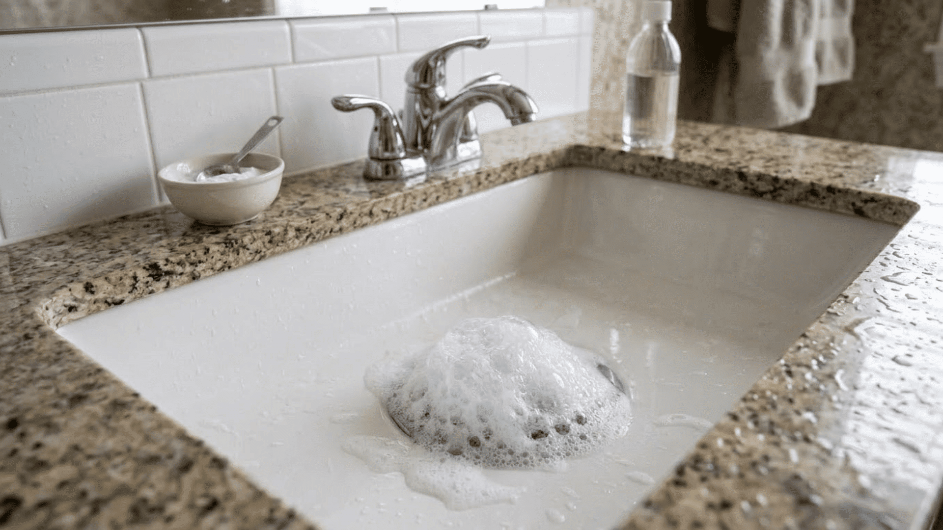 baking soda and vinegar fizzing inside a bathroom sink drain to loosen grime and buildup