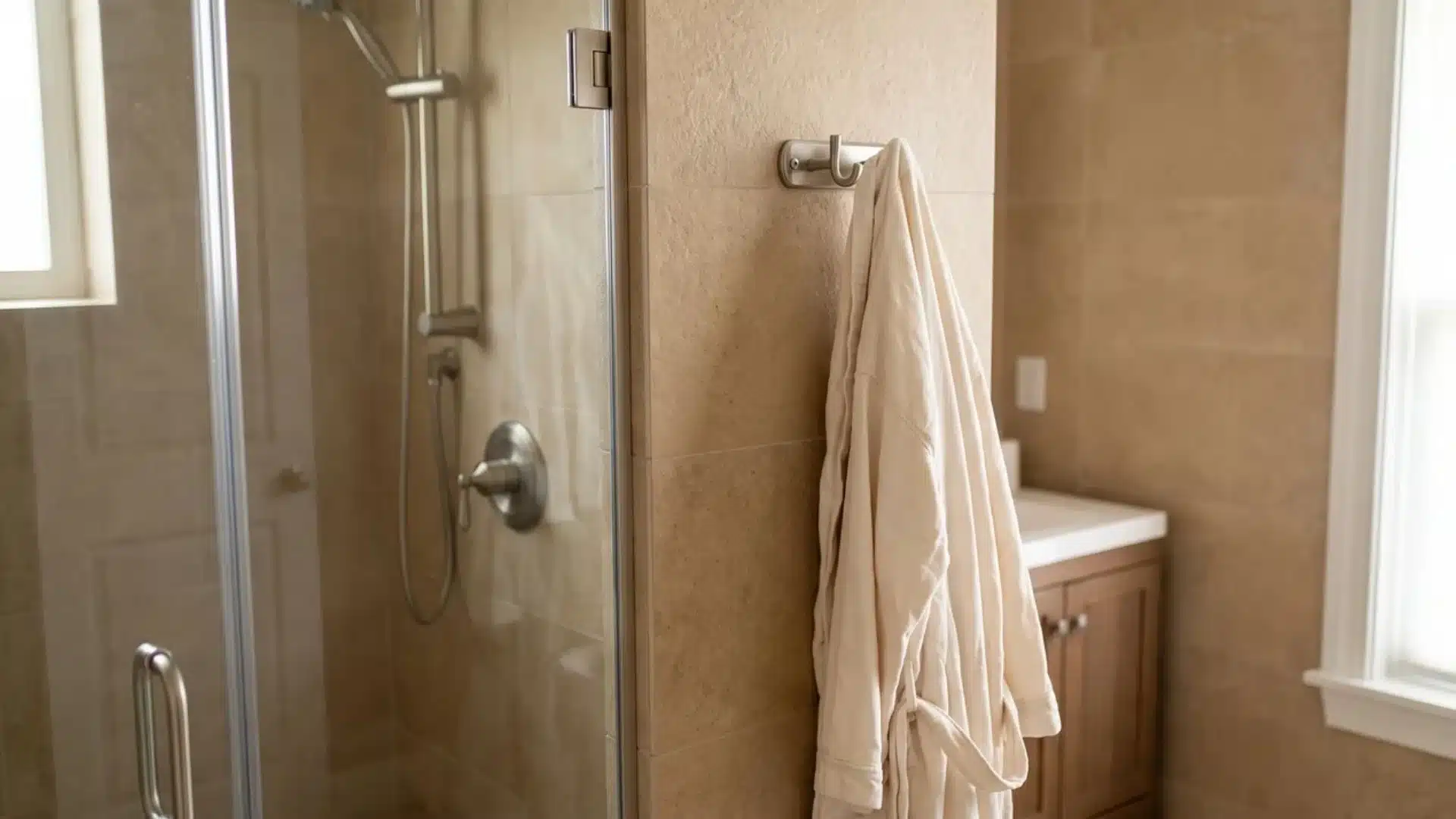 Wall-mounted bathrobe hook beside a soaking tub holding a soft neutral robe.