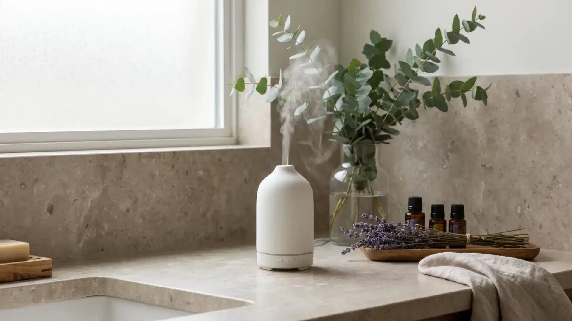 Aromatherapy diffuser beside eucalyptus and lavender on a bathroom vanity.