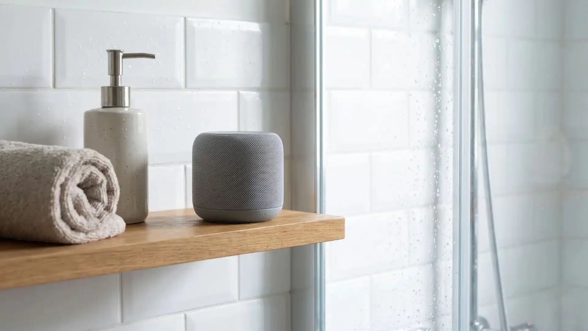 Moisture-rated Bluetooth speaker placed safely on a dry bathroom shelf.
