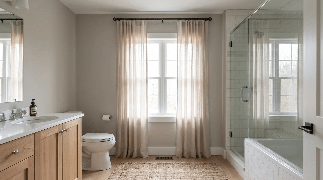 Full bathroom with linen curtains framing a window and filtered daylight across the room.