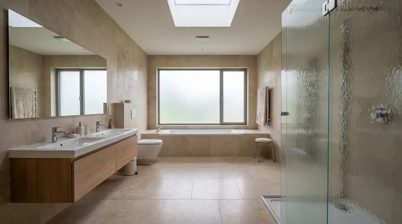 Full bathroom with a skylight and large frosted window bringing daylight into the room.