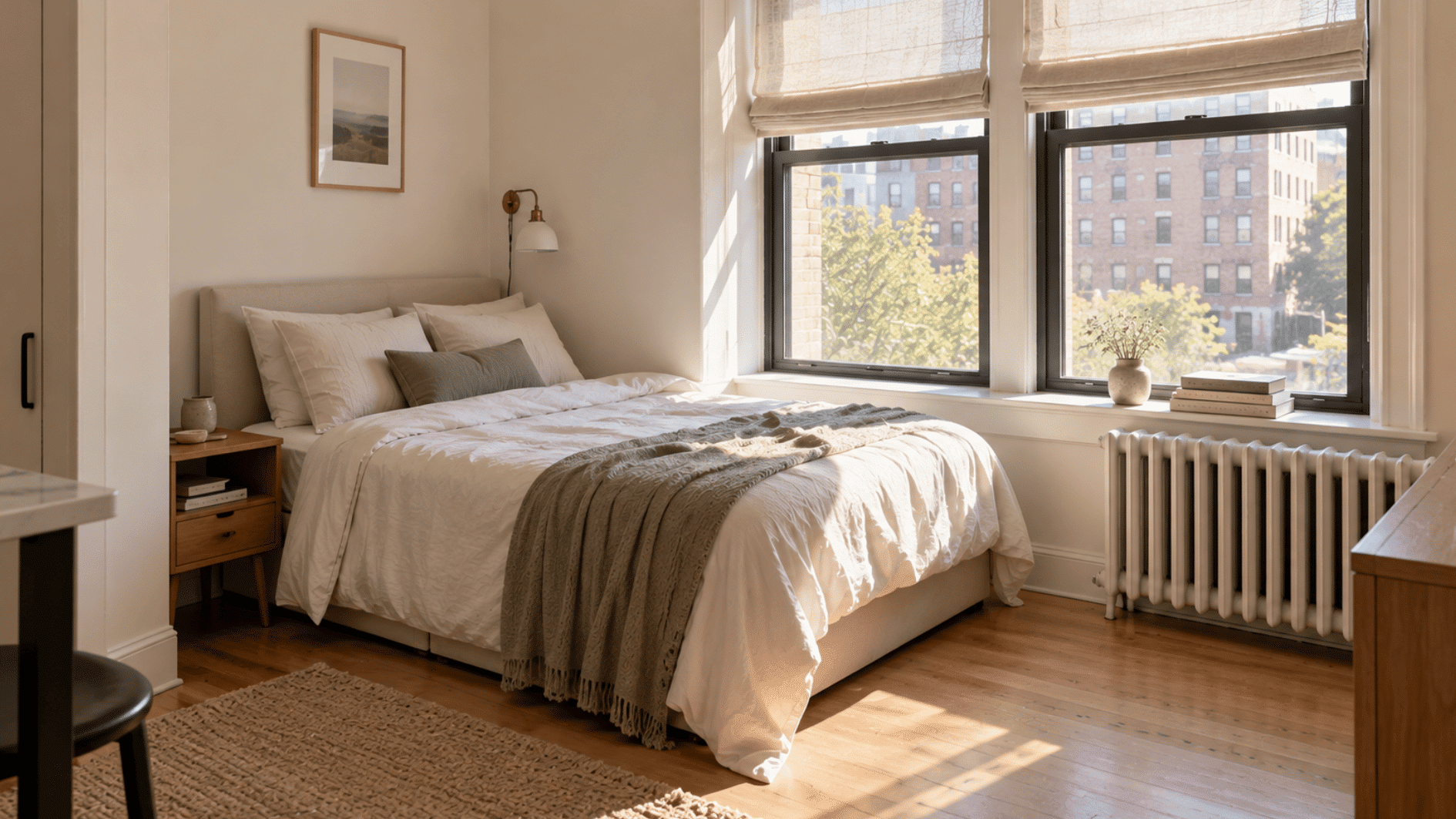 bed beside a sunny window with clear access and light filtering shades in a small studio