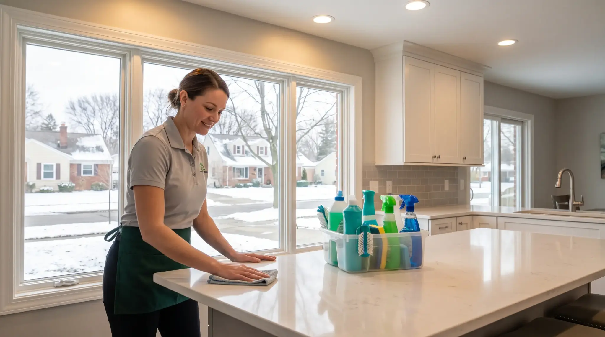 Cleaning professional wiping down kitchen counter with spray bottles nearby in a bright, modern kitchen