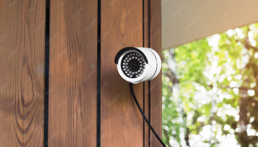 Security camera mounted on wooden wall with greenery visible in the background