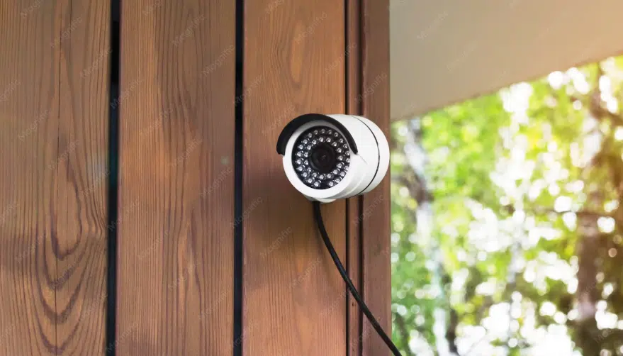 Security camera mounted on wooden wall with greenery visible in the background