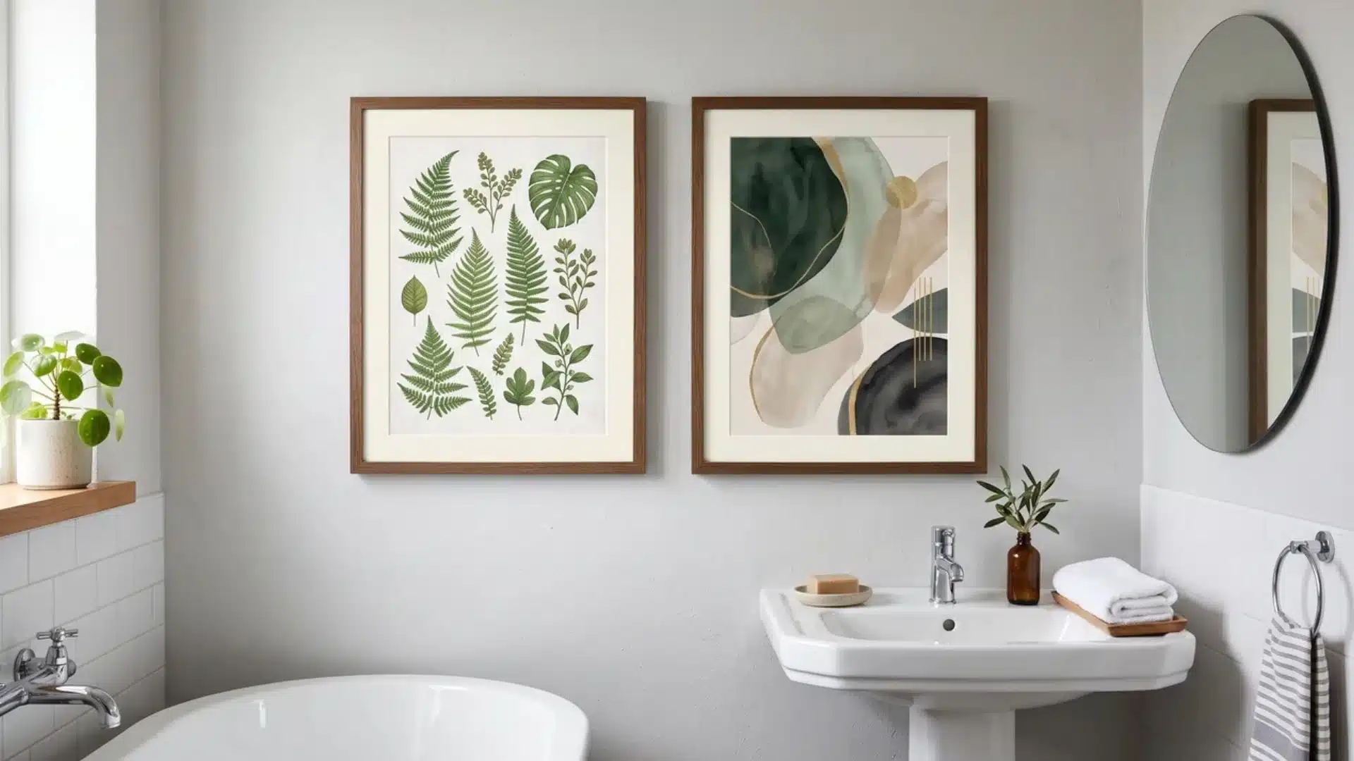 Botanical or abstract wall art displayed on a neutral bathroom wall.